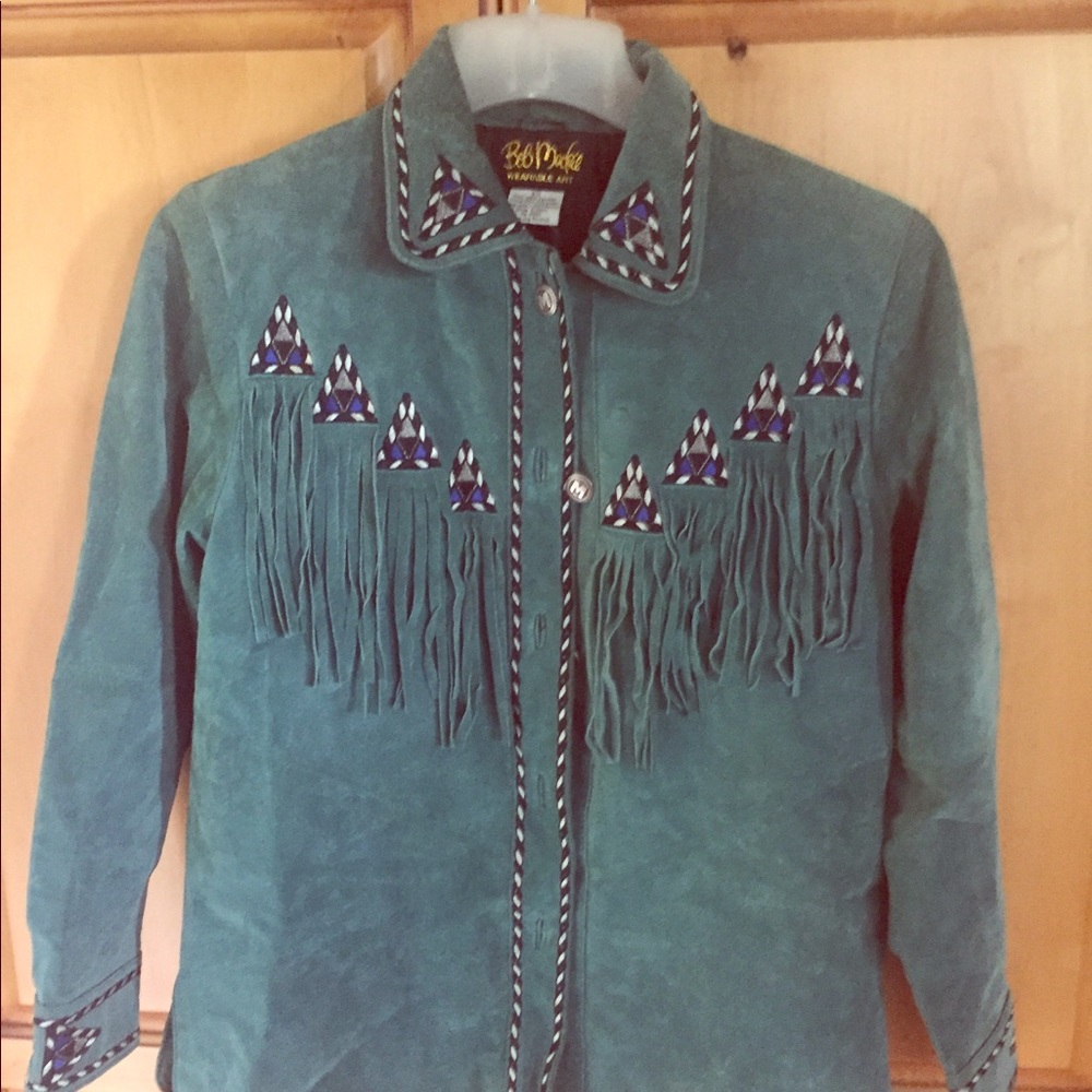 Leather Fringe Jacket - Dark Green - Worn One Time